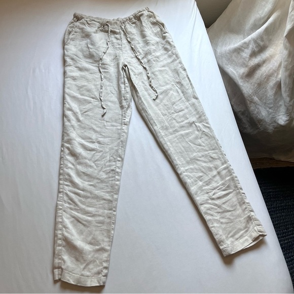 DOLMA beige tan linen drawstring elastic waist tapered slim leg cropped pants